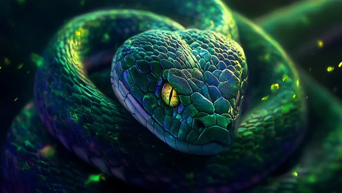 Neon jungle serpent coiled in bioluminescent midnight calm.