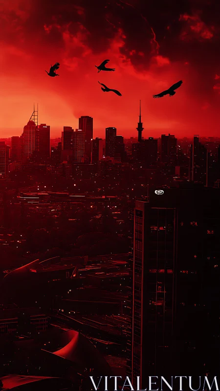 Urban skyline under red sky with silhouetted flying birds.