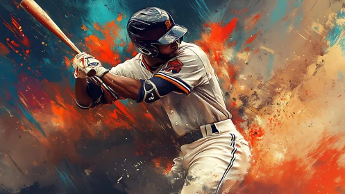 Dynamic baseball batter rendered in high-energy digital brushwork