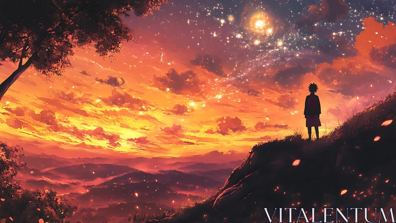 Anime sunset vista with lone silhouette on luminous ridge.