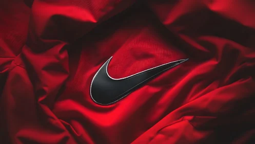 Black sports logo gleams sharply against flowing red fabric