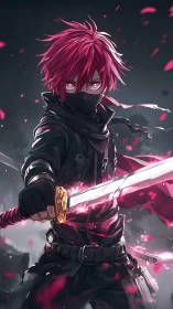 Masked red-haired swordsman holds glowing katana in wind