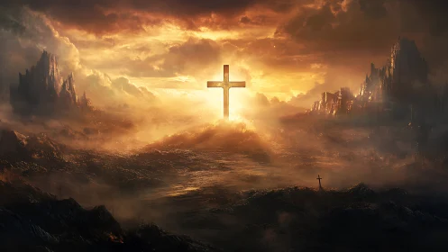 Radiant cross dominates storm-wreathed volcanic wasteland.