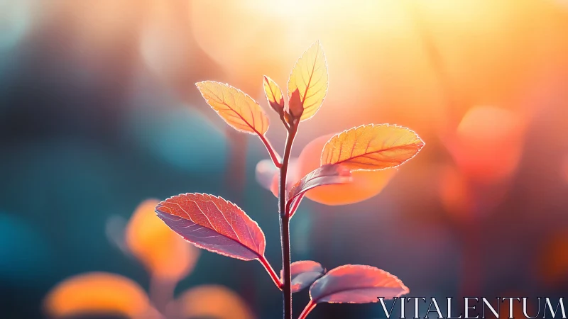 Young plant stem with backlit leaves against blurred light.