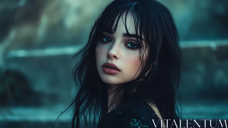 Moody portrait of a young woman in teal twilight calm