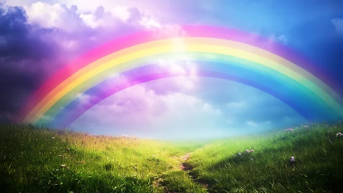Spectral double rainbow arch above sunlit rural meadow path