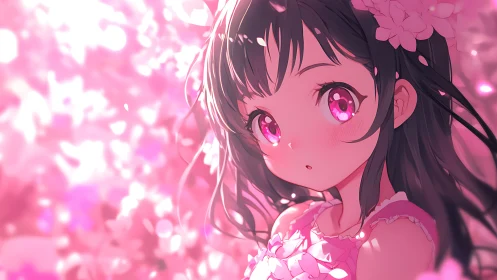 Blossom-lit anime girl gazes softly through glowing petals.
