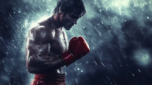 Shirtless boxer in crimson gloves rendered with volumetric lighting and precipitation