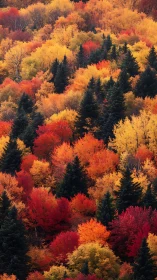 Dense hillside forest shows vivid autumn foliage gradient