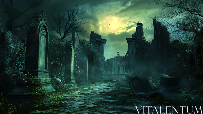 Haunted graveyard ruins under eerie green moonlight.
