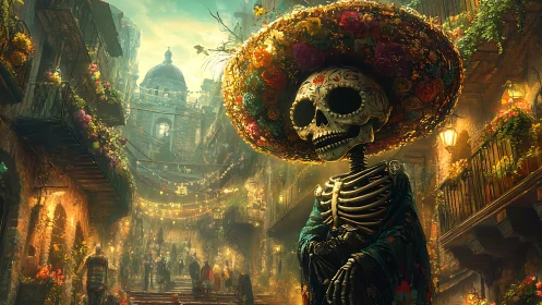 Digital painting of La Catrina in luminous festival street scene.