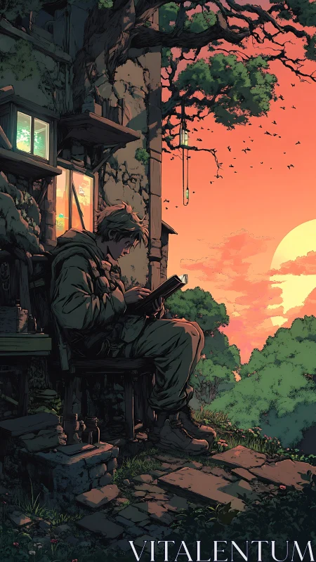 Sunset reading nook beside a quiet, overgrown cottage.