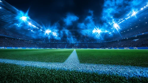 Football stadium pitch under intense blue floodlighting
