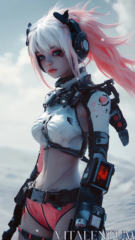 Cybernetic desert scout with pink hair and hard-surface armor.