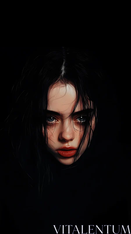 Moody digital portrait of young woman in deep chiaroscuro.