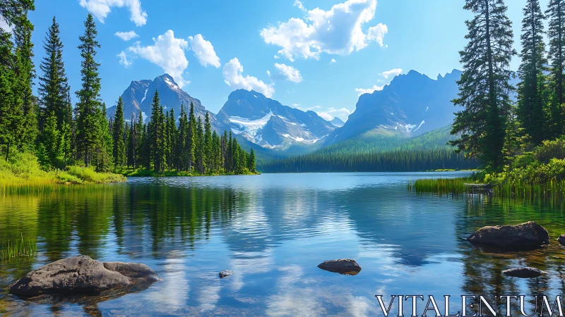 Alpine lake panorama with conifer forest and clear reflections.