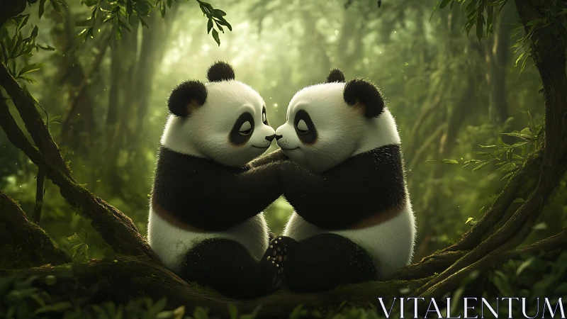 Stylized juvenile pandas touching noses on mossy jungle branch