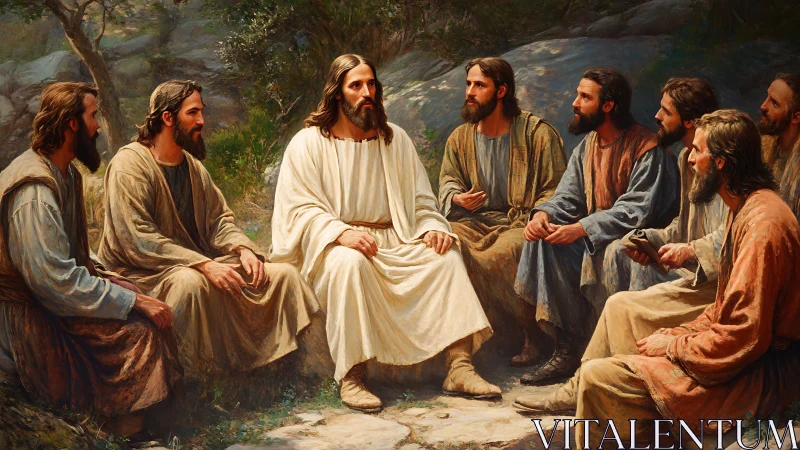 Sacred hillside circle of teacher and twelve listeners in hush.