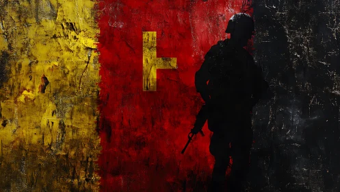 Bold soldier silhouette stands against gritty tricolor wall