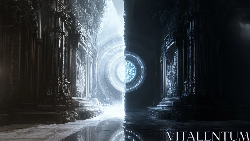 Twin void temples split by a blinding cosmic gateway.