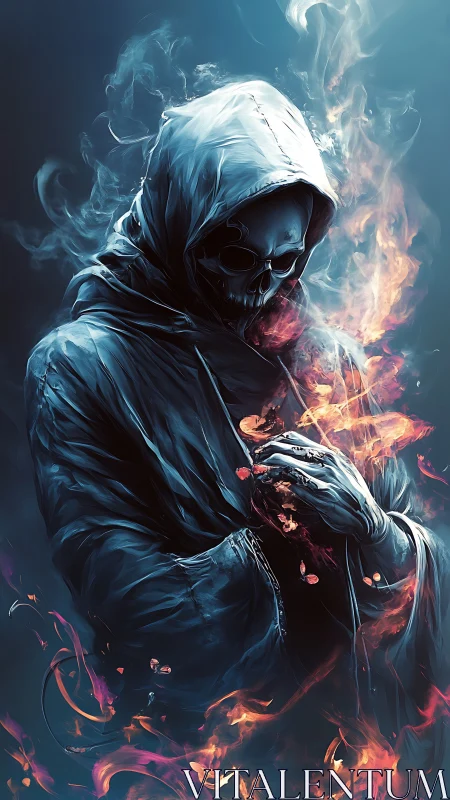 Hooded reaper figure wreathed in blue smoke and flame.