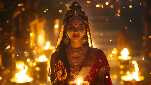 Indian woman in red saree holds diya amid temple lights.