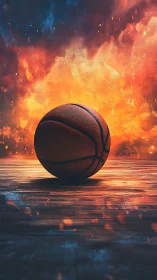 Basketball rests on court before blazing firestorm backdrop