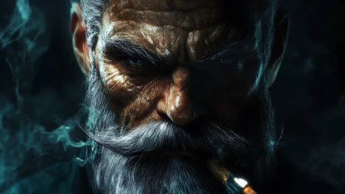 Weathered old sailor gazes through smoke with quiet resolve