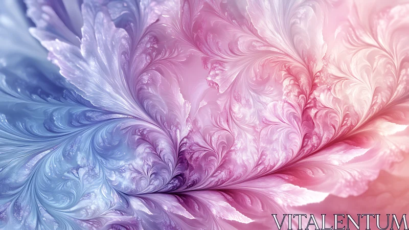 Fractal feather forms in blended blue and pink gradient field.