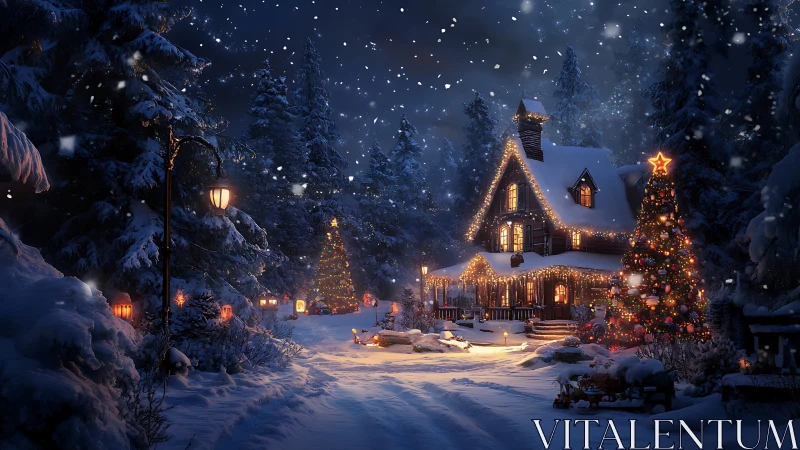 Snowy forest cottage glowing with festive Christmas lights.