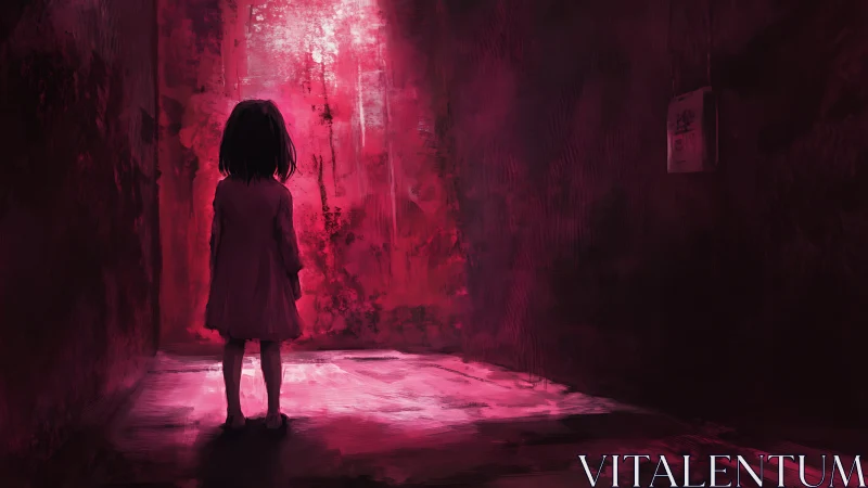 Backlit child in crimson corridor rendered as moody digital study