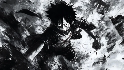 Intense monochrome anime fighter in forward motion.