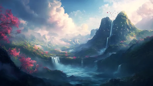Fantasy mountain valley with cascading waterfalls under dawn sky
