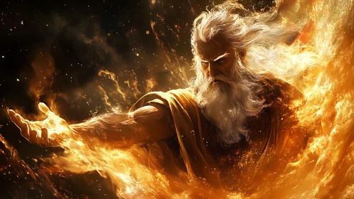 Elder fire deity commands swirling inferno in dynamic arc