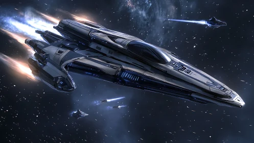 Sleek interceptor squadron racing through deep space night.