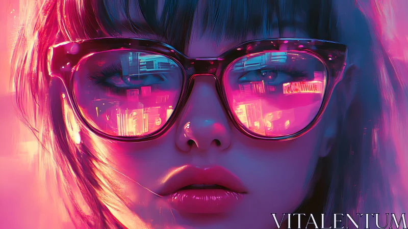 Neon portrait with city reflections in large glasses.