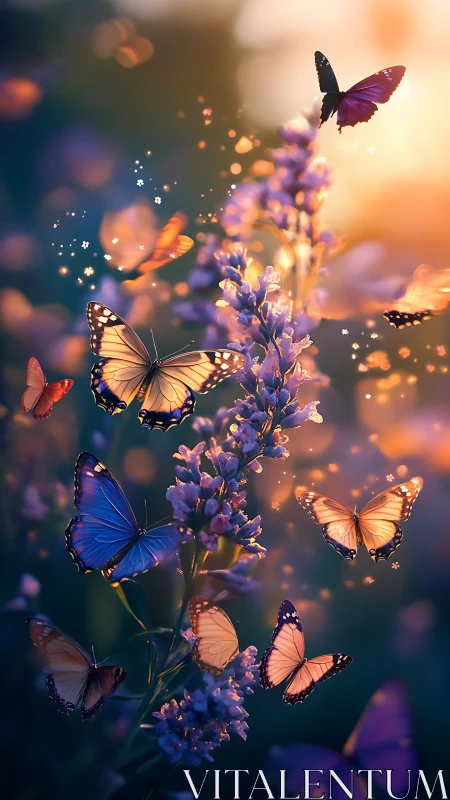 Bioluminescent dusk swarm around lavender inflorescence cluster.