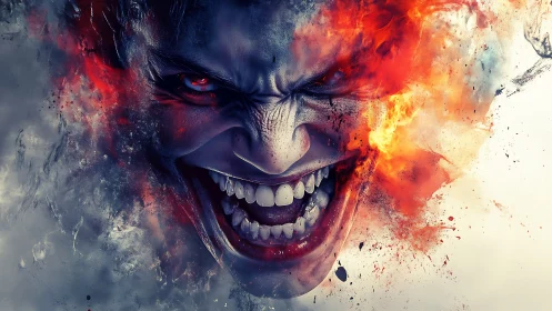 Digitally rendered demonic face with fire and smoke effects.
