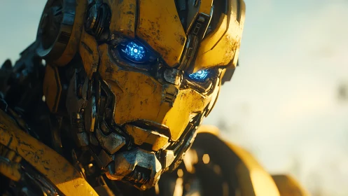 Battle-worn yellow mech portrait with glowing blue optics.