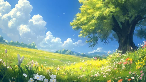 Luminous meadow landscape under towering spring oak tree.