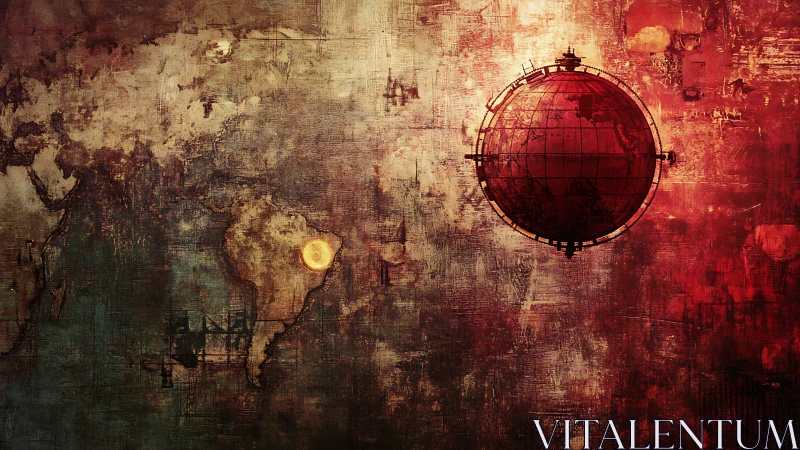 Rust-red world map collides with glowing digital globe.