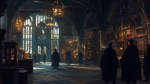 Interior view shows cloaked figures in a medieval great hall