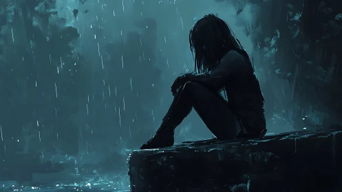 Solitary figure sits in cold rain, wrapped in silent grief