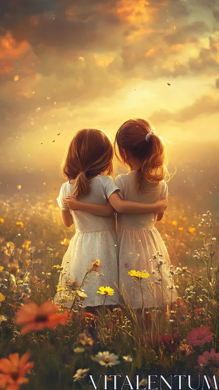 Sunset meadow sisters wrapped in armfuls of wonder.