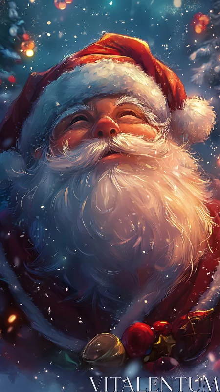 Luminous close-up portrait of joyful Santa in falling snow