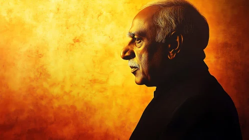 Elder thinker in molten gold light, profile of quiet resolve.