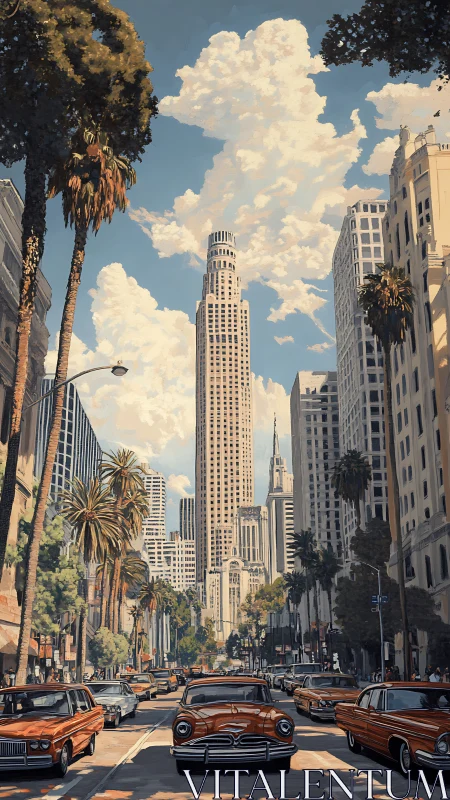 Urban street with vintage cars aligns beneath tall central tower