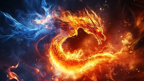 Fiery dragon spirit coils in glowing embers and cool blue mist