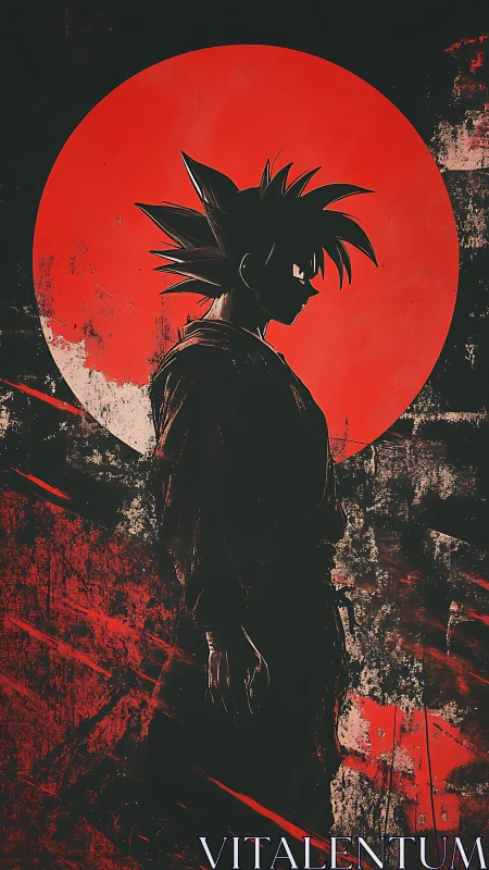 Shadow warrior silhouette before a fierce red eclipse.