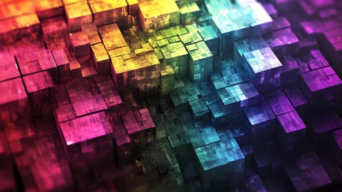 Vibrant 3D abstract cubes in rainbow gradient digital art style.